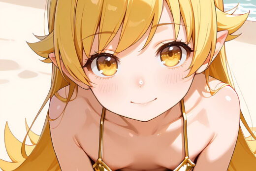 Oshino Shinobu Nipple Slip Golden Bikini flat-chested