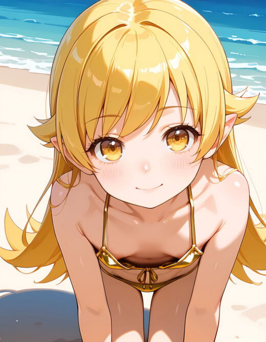 Oshino Shinobu Nipple Slip Golden Bikini flat-chested