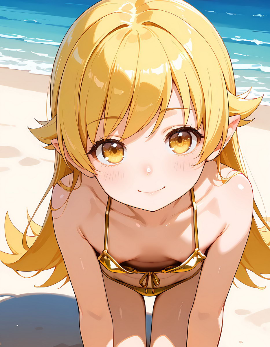Oshino Shinobu Nipple Slip Golden Bikini flat-chested
